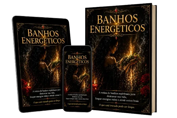Mockup do e-book Banhos Espirituais — versão livro, tablet e celular